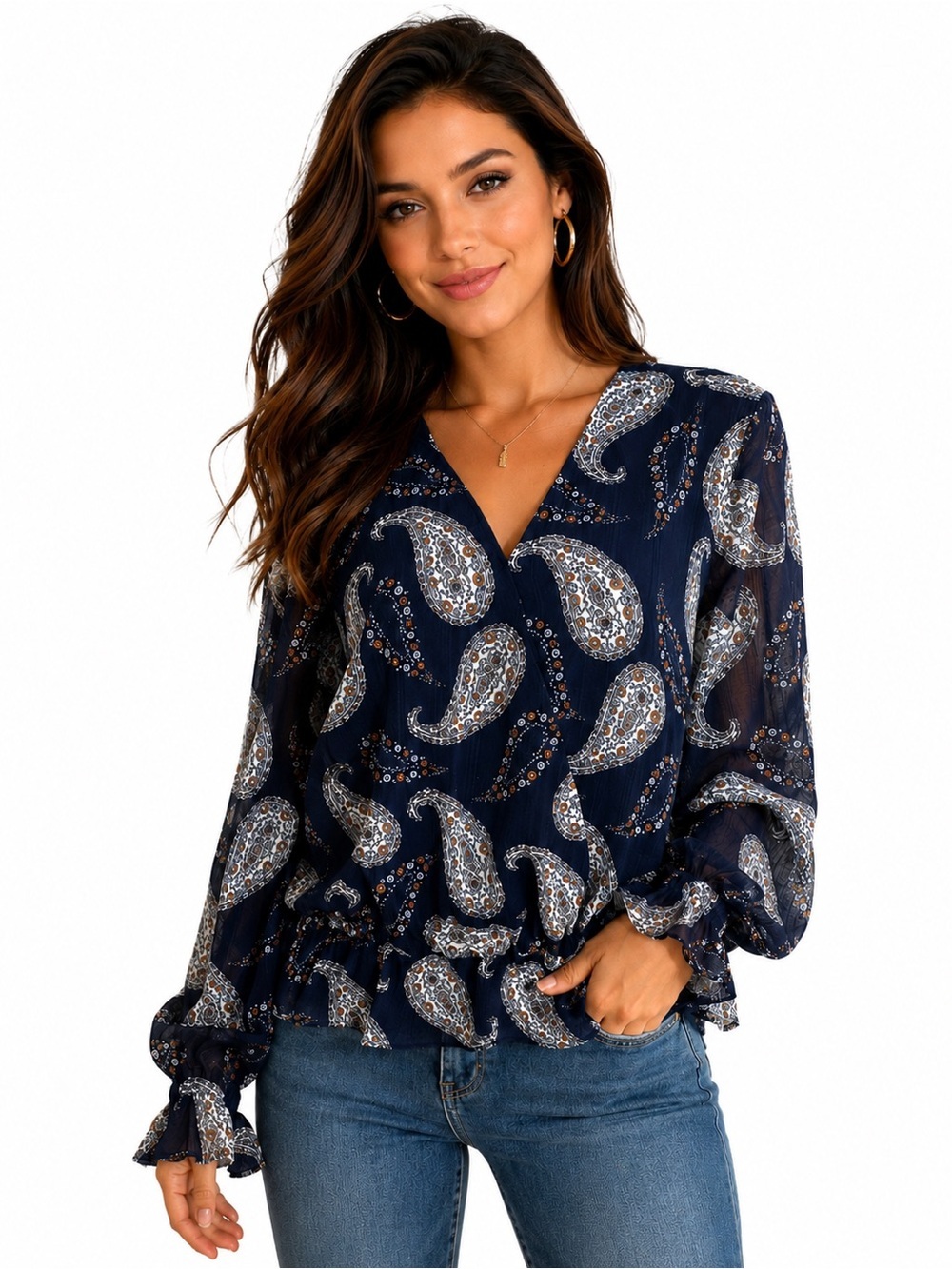 LOFT Navy Paisley Faux Wrap Blouse Elastic Waist Long Sleeve Flowy Sz L